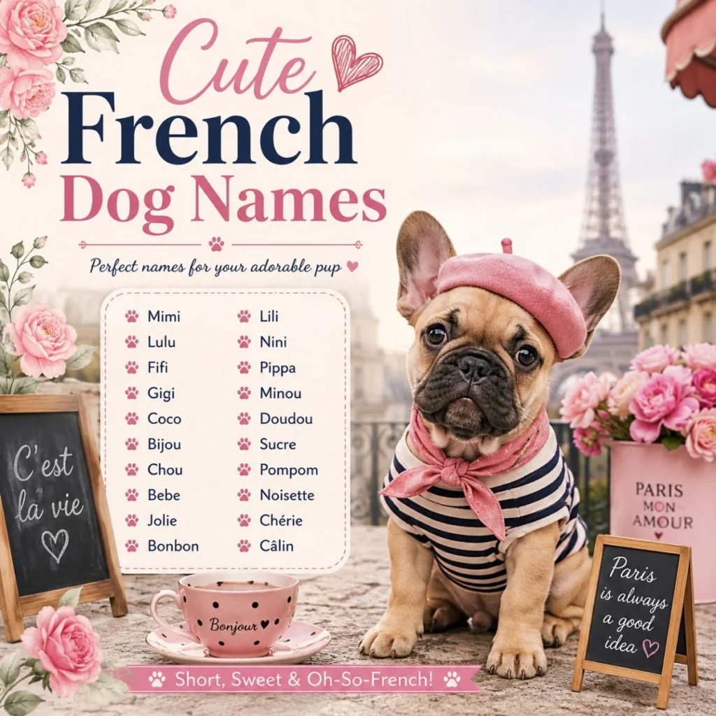 Cute French dog names with French Bulldog in pink beret, Eiffel Tower, and Paris café background