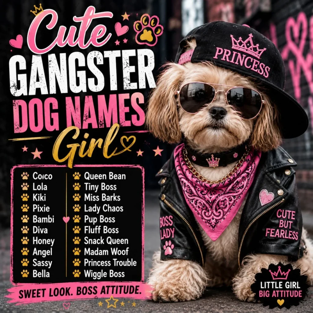 Cute gangster dog names girl image with stylish pup, pink bandana, bold text, hearts, stars, and name ideas