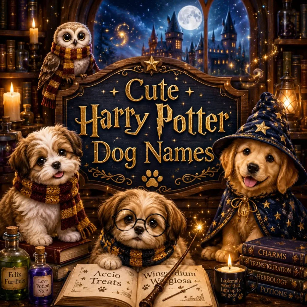 Cute Harry Potter dog names image with wizard puppies, owl, magic books, candles, and glowing castle