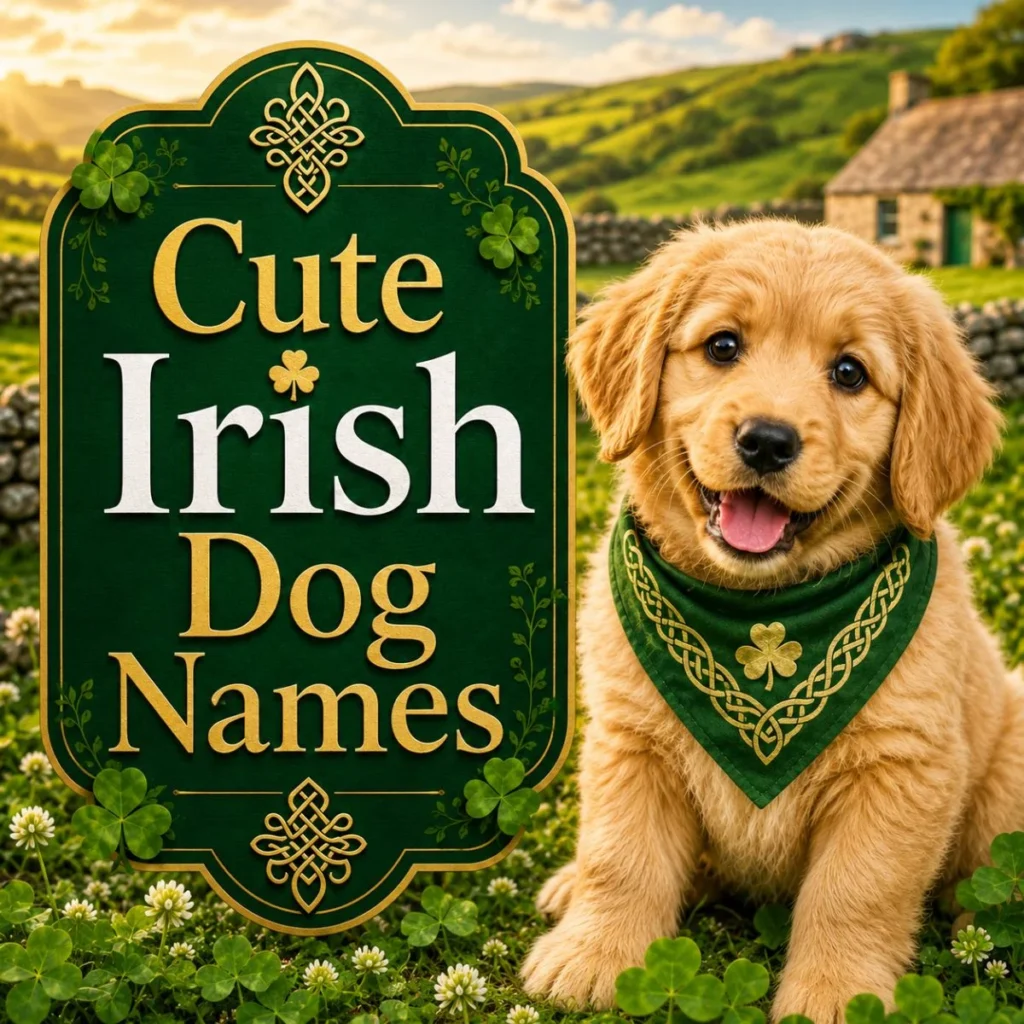 Cute golden puppy with Cute Irish Dog Names title, shamrocks, Celtic sign, and Irish countryside