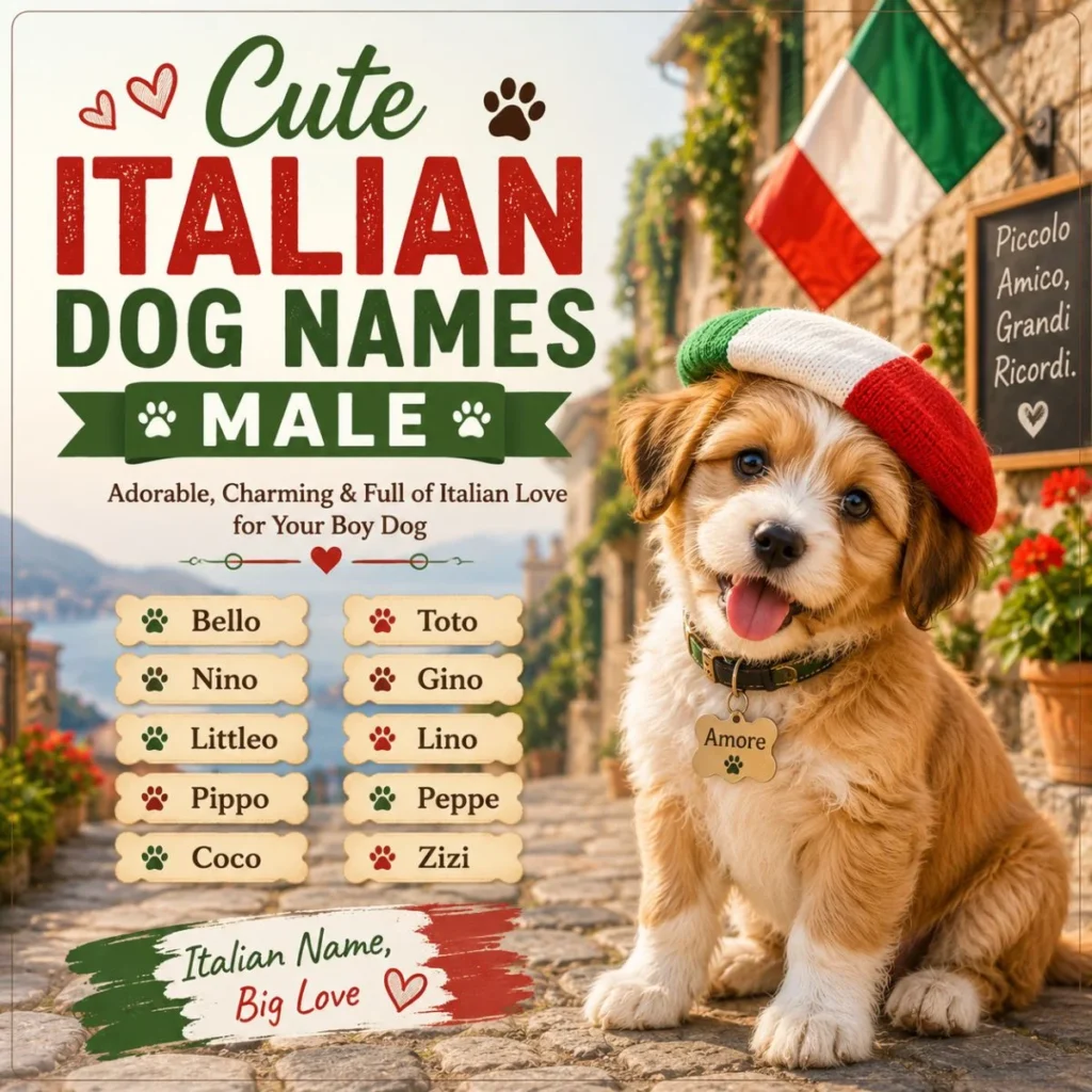 Cute Italian dog names male image with adorable puppy, Italy flag, and sweet boy dog name ideas