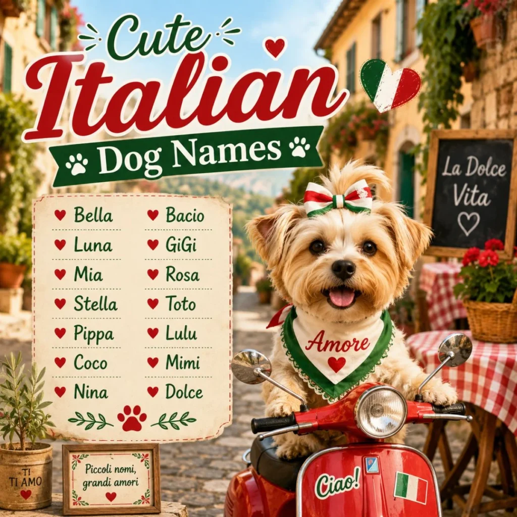 Cute Italian dog names poster with a happy puppy on a red scooter in a sunny village