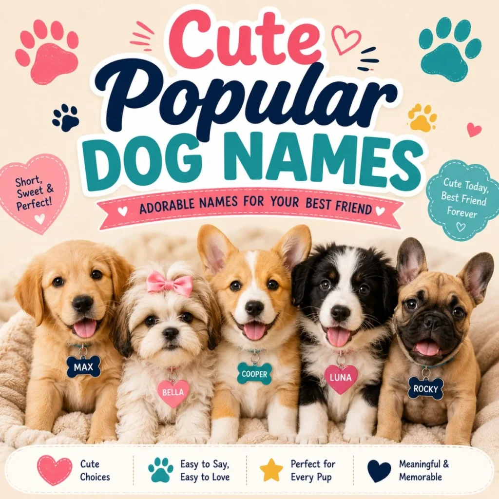 Cute popular dog names graphic with five adorable puppies, colorful paw prints, and sweet name tags