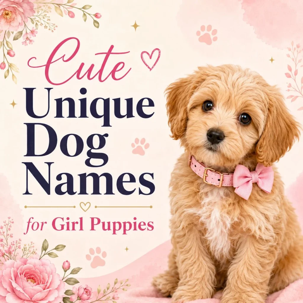 Cute unique dog names for girl puppies cover with fluffy female pup, pink bow, flowers, hearts, and paw prints