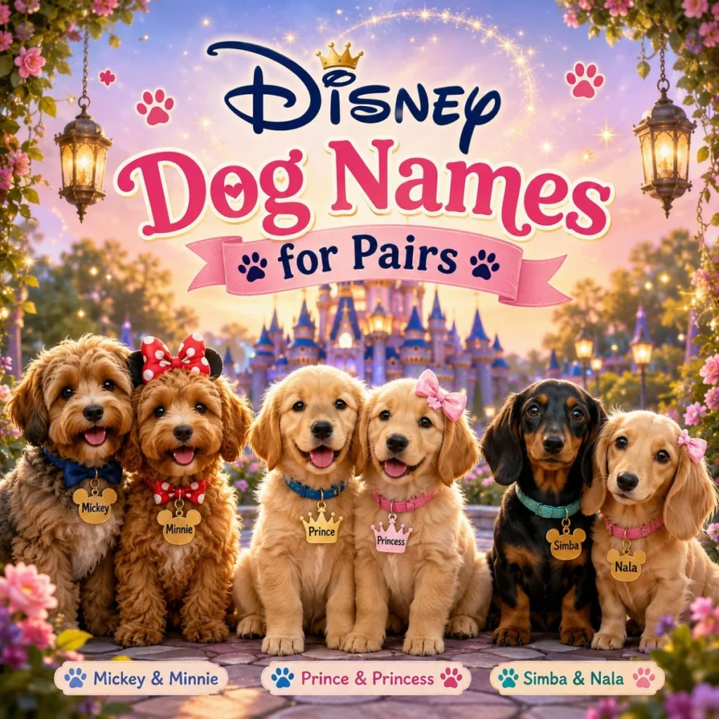 Disney dog names for pairs image with cute puppy duos, magical castle, flowers, lanterns, and matching name tags