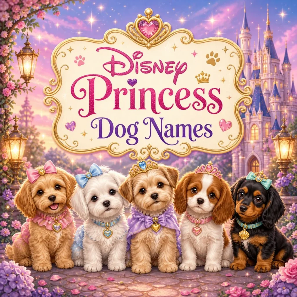 Disney princess dog names image with cute puppies, tiaras, bows, castle, flowers, sparkles, and royal charm