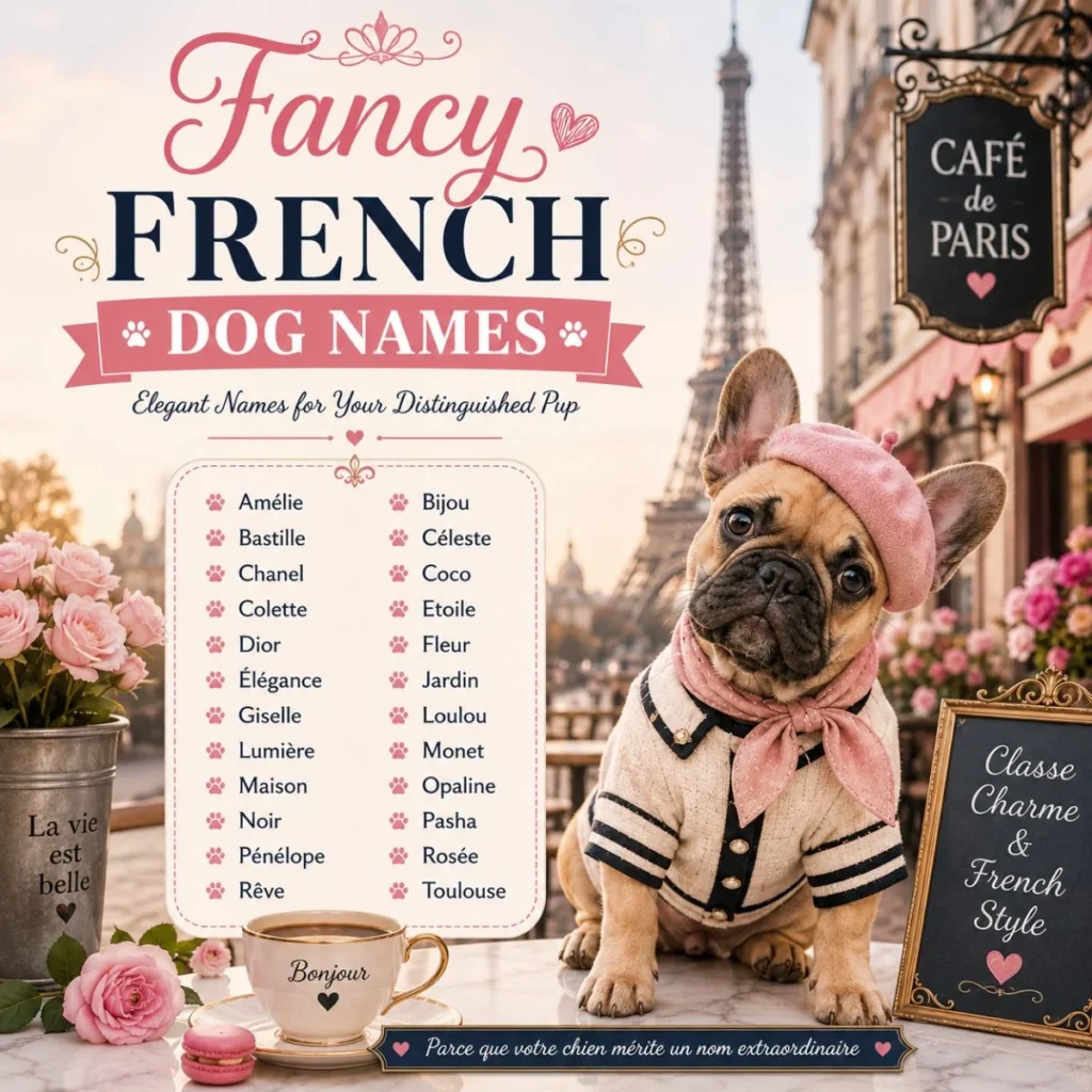 Fancy French dog names with stylish French Bulldog, Eiffel Tower, Paris café, roses, and elegant name list