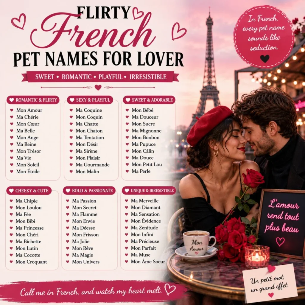 Flirty French pet names for lover with Paris café couple, red roses, hearts, and romantic nickname ideas