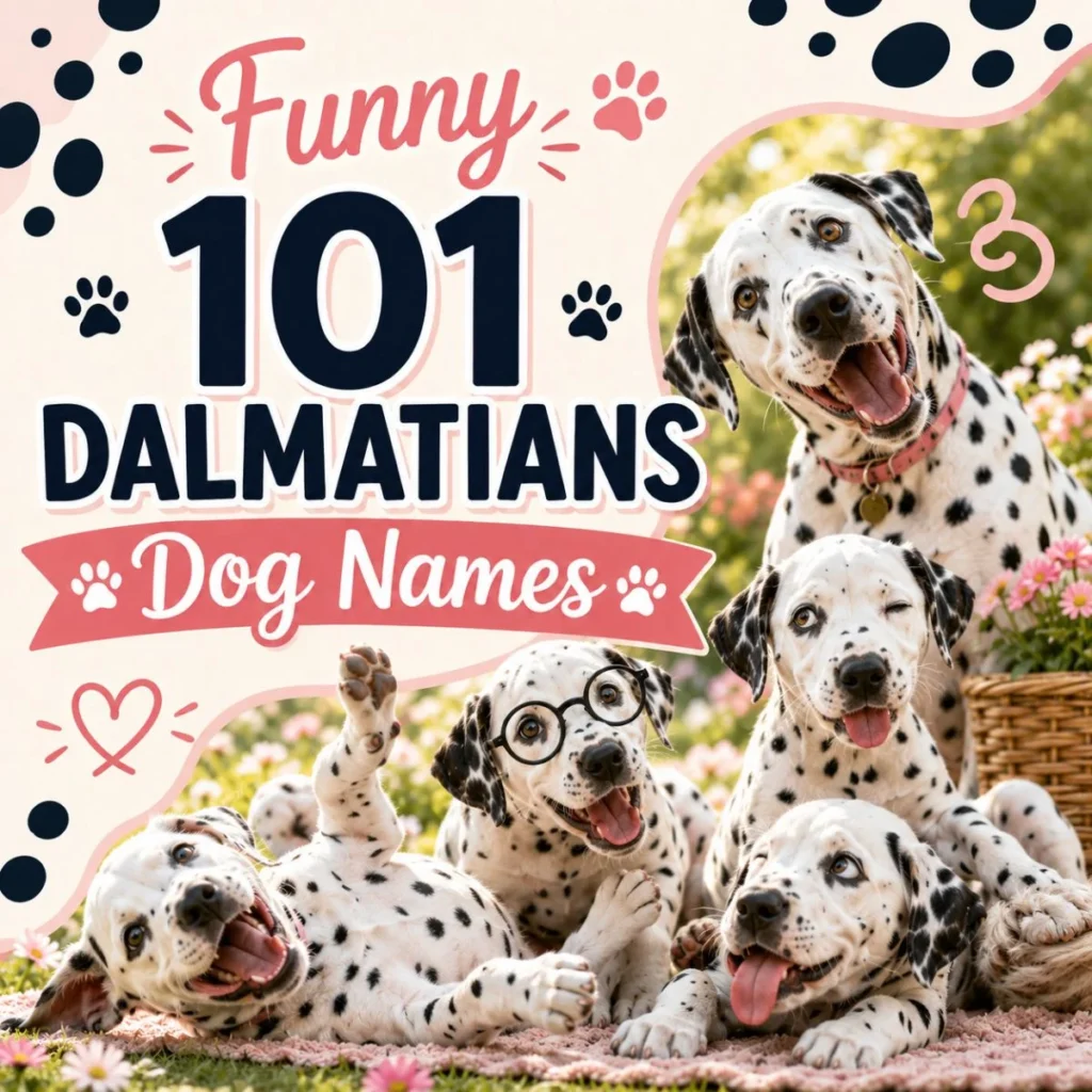 Funny 101 Dalmatians dog names graphic with playful spotted puppies and silly expressions