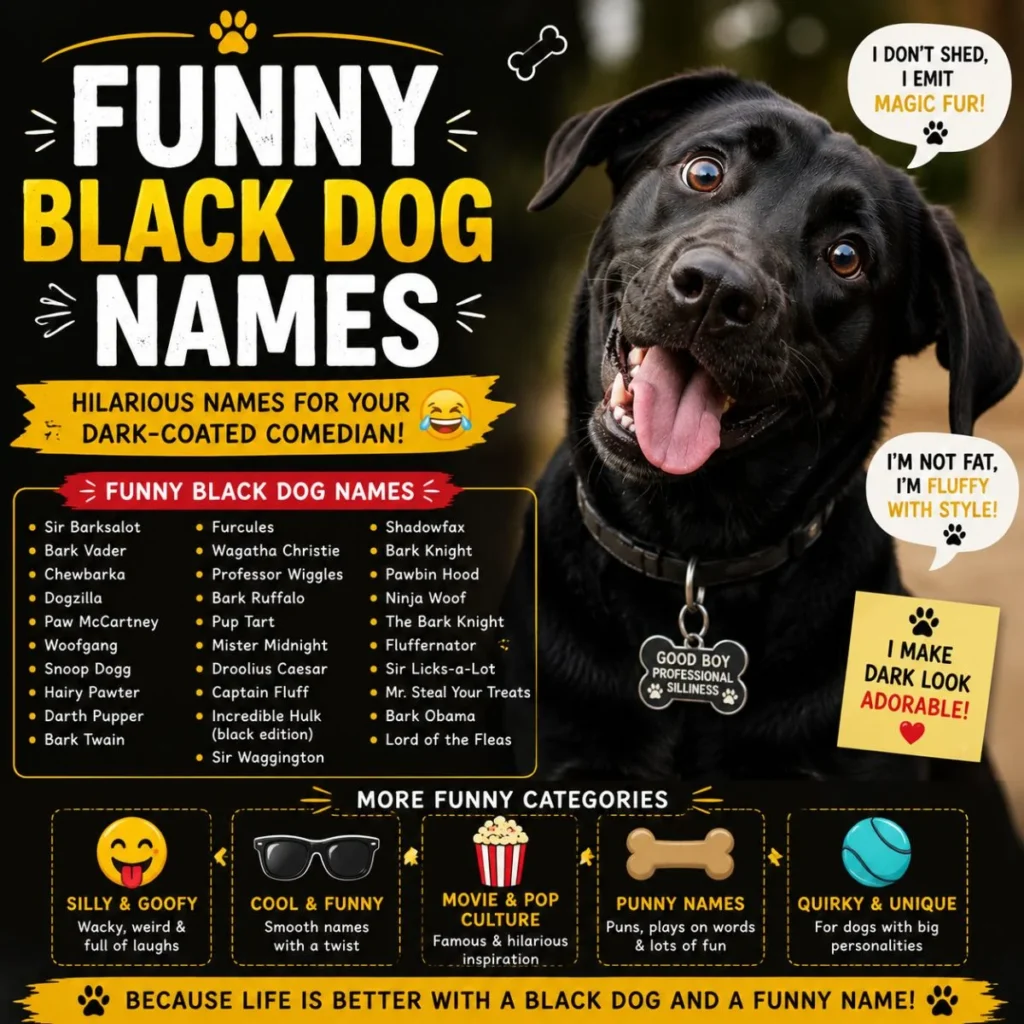 Funny black dog names graphic with a happy black dog and playful name ideas