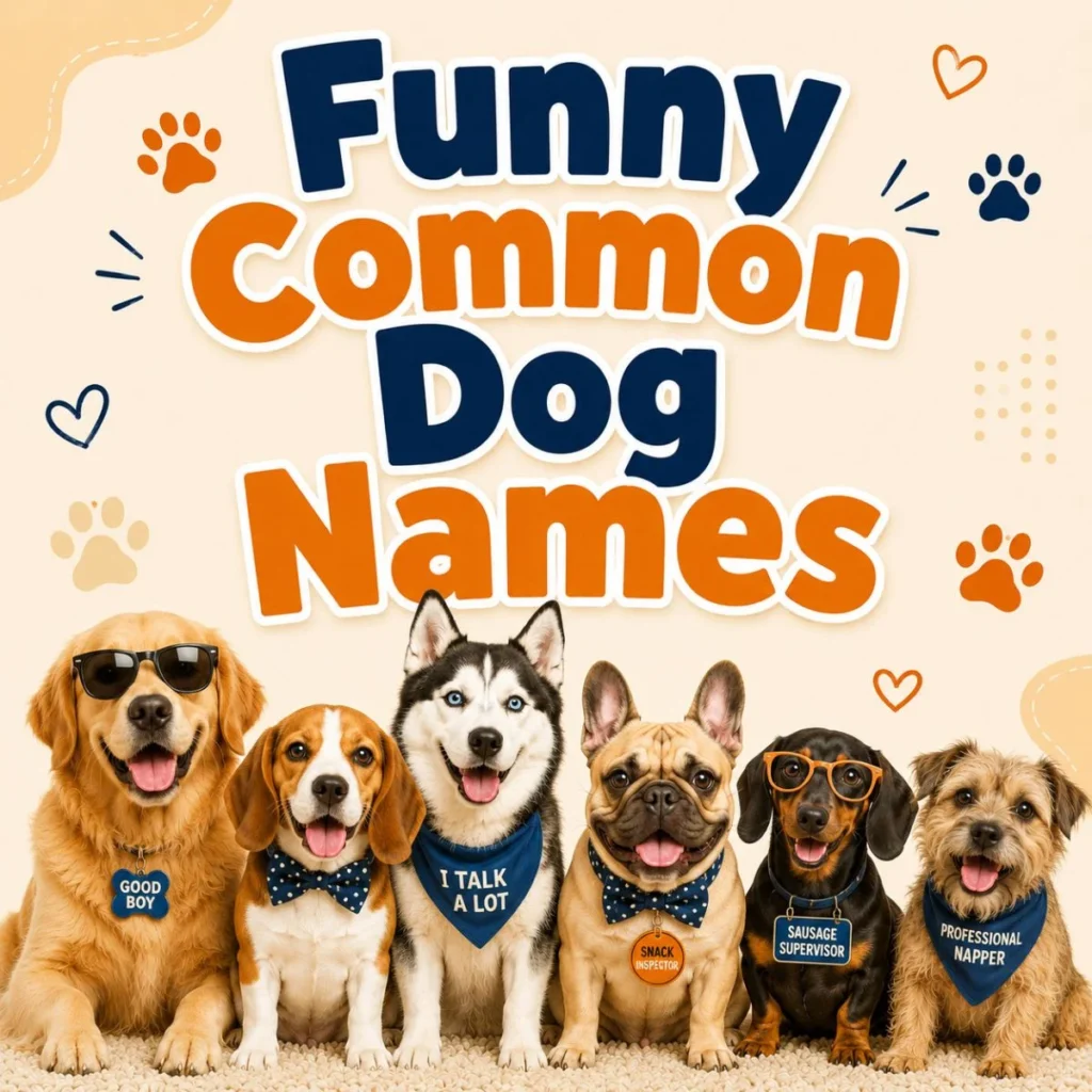 Funny common dog names poster with playful dogs in sunglasses, bow ties, and silly name tags