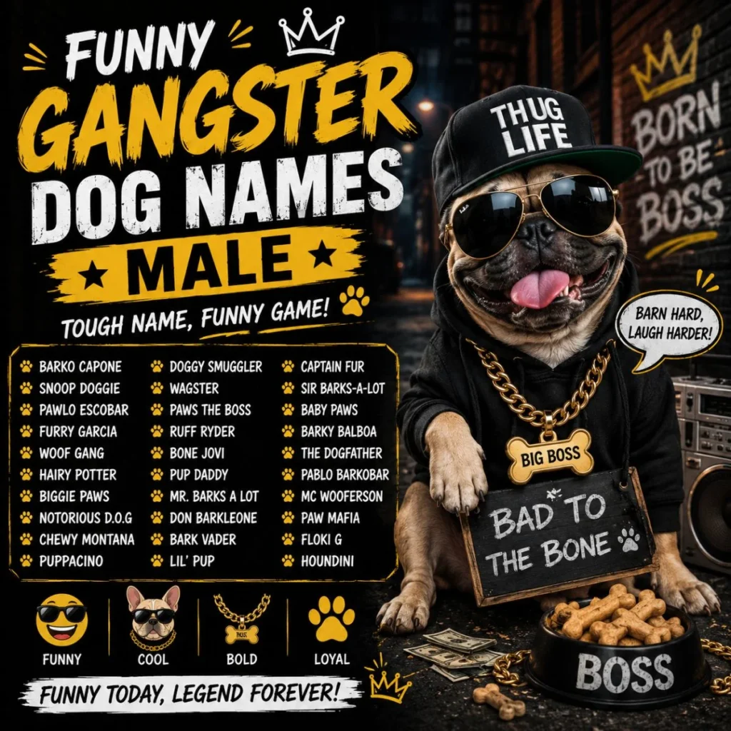Funny gangster dog names male image with French Bulldog in sunglasses, cap, gold chain, and playful name ideas