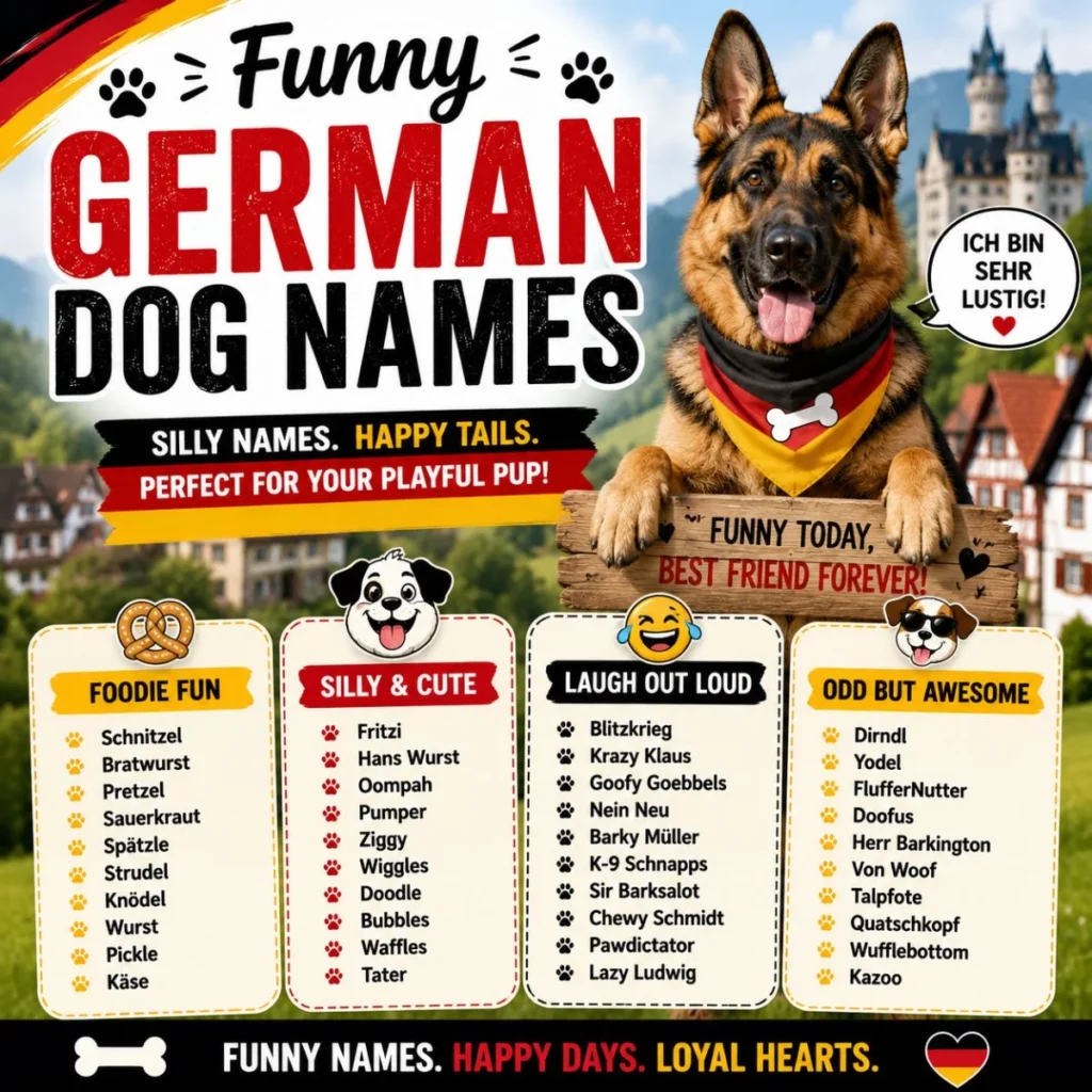 Funny German dog names poster with German Shepherd, playful name lists, and a German village background