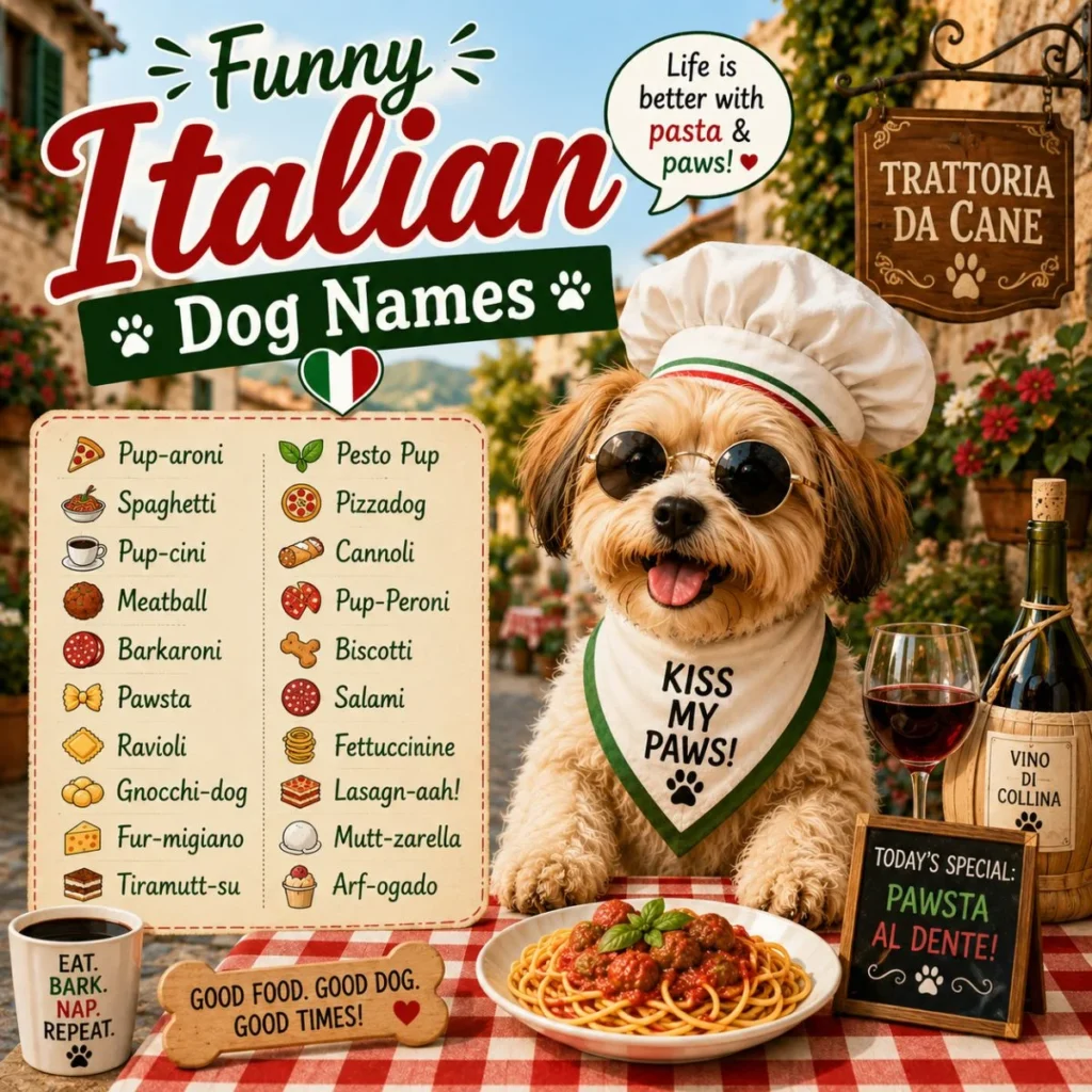Funny Italian dog names poster with a chef puppy, pasta, and playful food-inspired name ideas