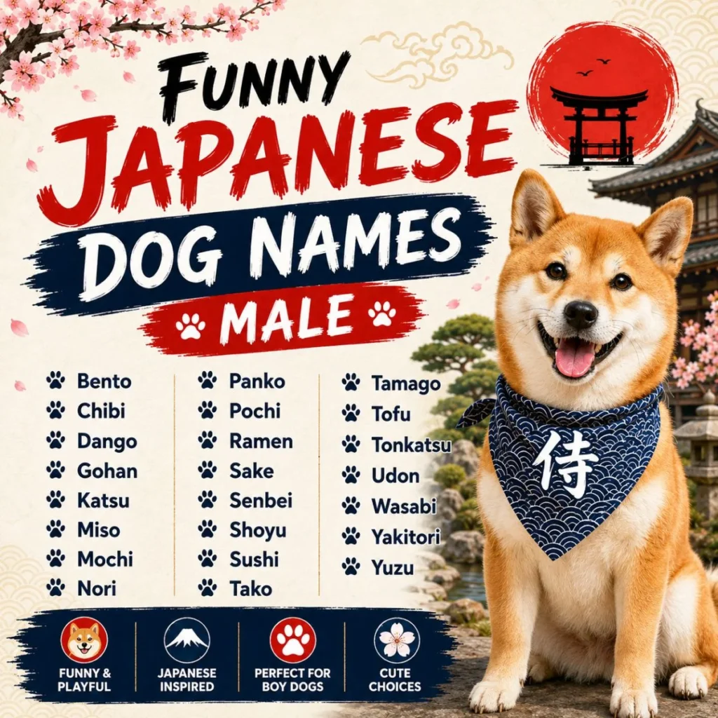 Funny Japanese dog names male poster with smiling Shiba Inu, cherry blossoms, and playful boy dog name ideas