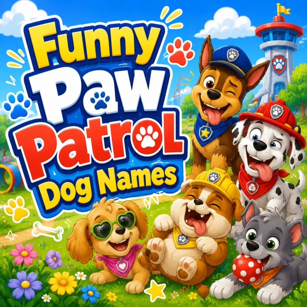 Funny Paw Patrol dog names graphic with silly cartoon puppies in a colorful outdoor park scene