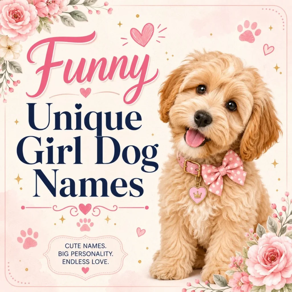 Funny unique girl dog names cover with happy puppy, pink bow, floral accents, hearts, and paw prints
