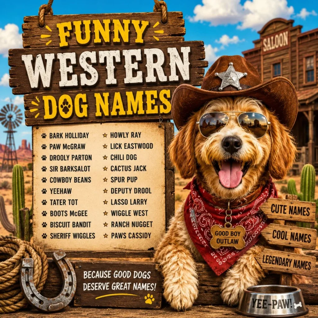 Funny western dog names poster with cowboy dog, wooden signs, saloon, cactus, and playful name ideas