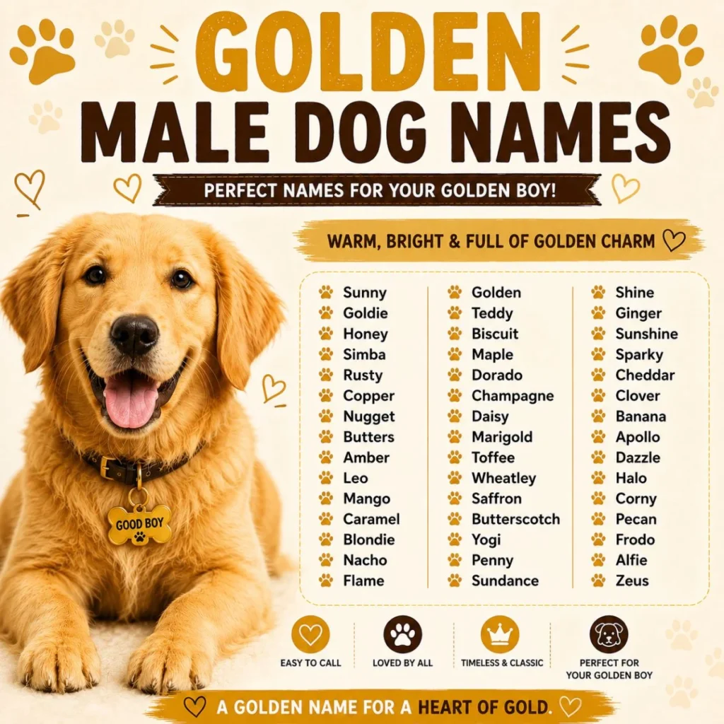 Golden male dog names infographic with golden retriever and warm boy dog name ideas