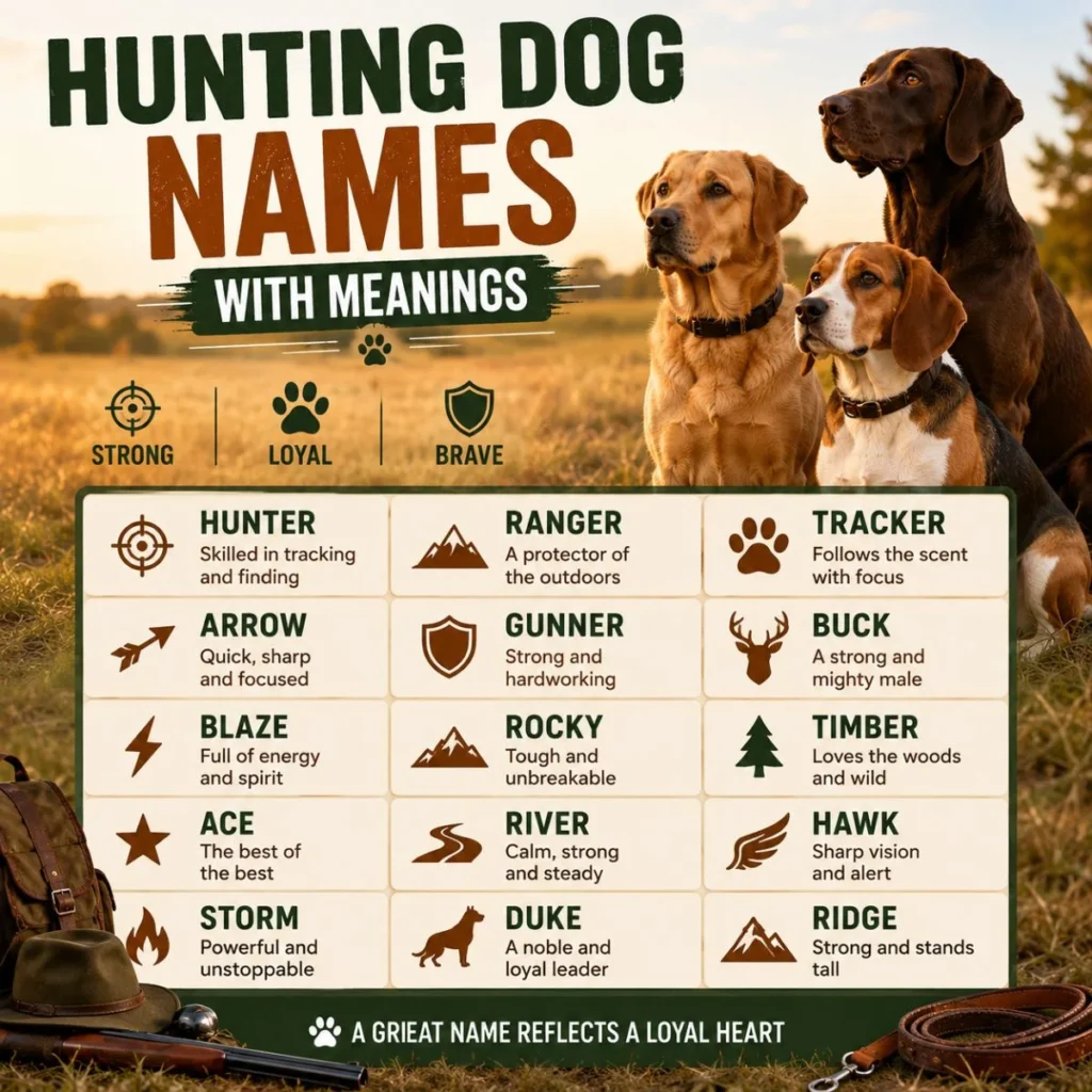 Hunting dog names with meanings infographic featuring loyal outdoor dogs and name ideas