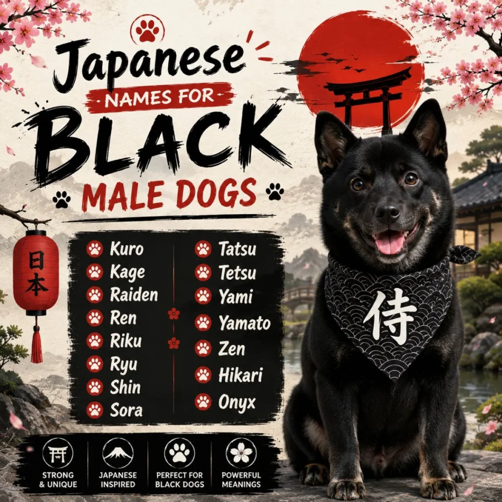Japanese names for black male dogs poster with black Shiba Inu, torii gate, cherry blossoms, and strong name ideas
