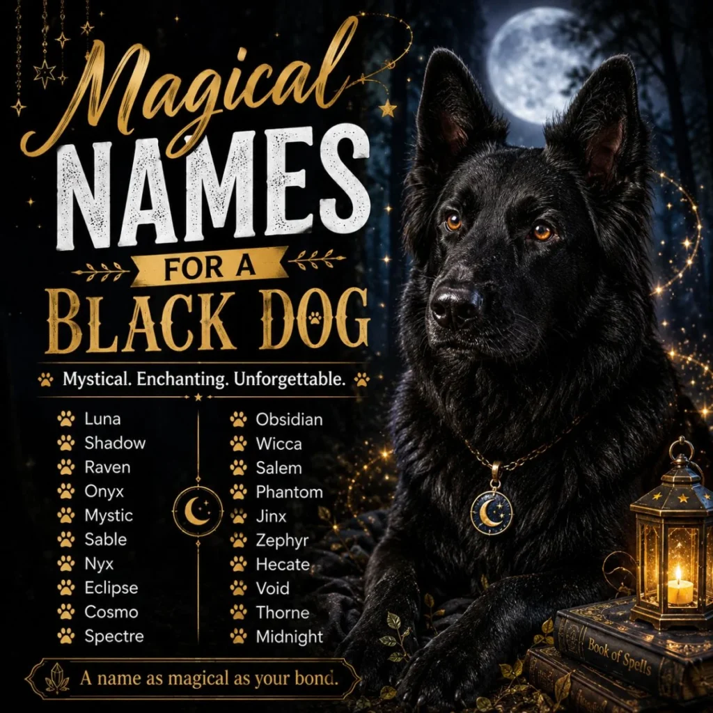 Magical names for a black dog with a cute black puppy, moonlit sky, stars, and spell book