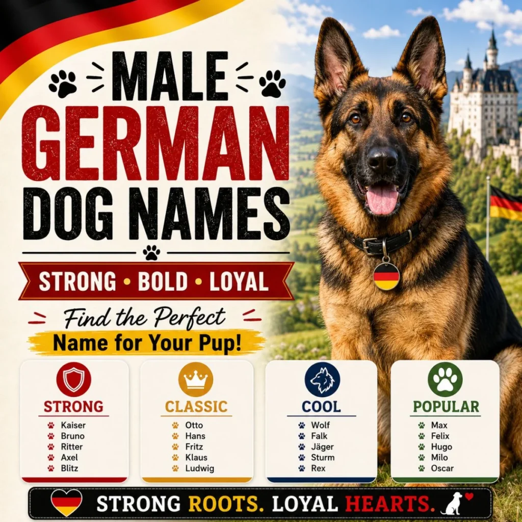 Male German dog names poster with German Shepherd, castle background, and strong classic cool popular name ideas