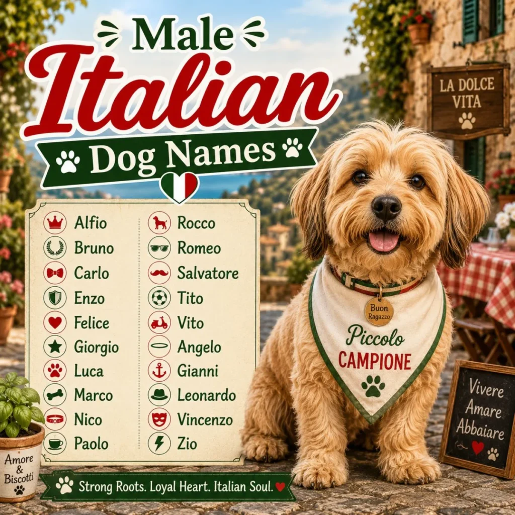 Male Italian dog names poster with a happy puppy in a sunny Italian village