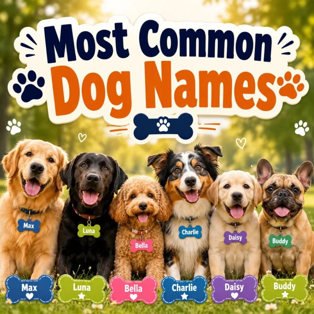 Most common dog names image with cute dogs and popular puppy names like Max, Luna, Bella, Charlie, Daisy, and Buddy