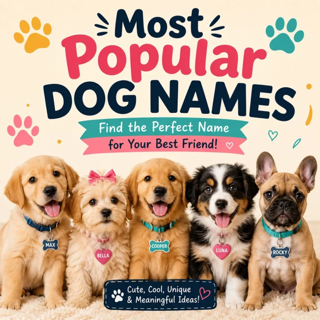 Most popular dog names graphic with five cute puppies wearing name tags and playful paw print design