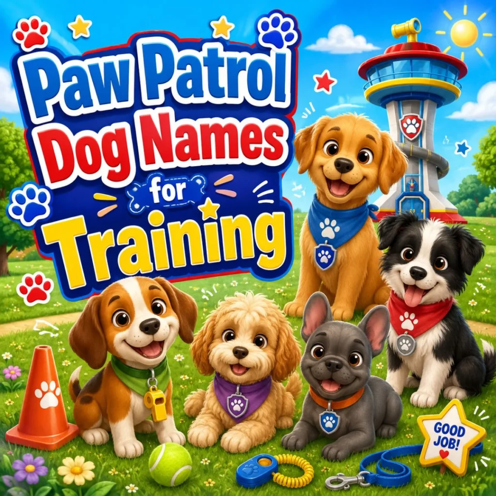 Paw Patrol dog names for training graphic with cute puppies, cones, ball, leash, and training tools