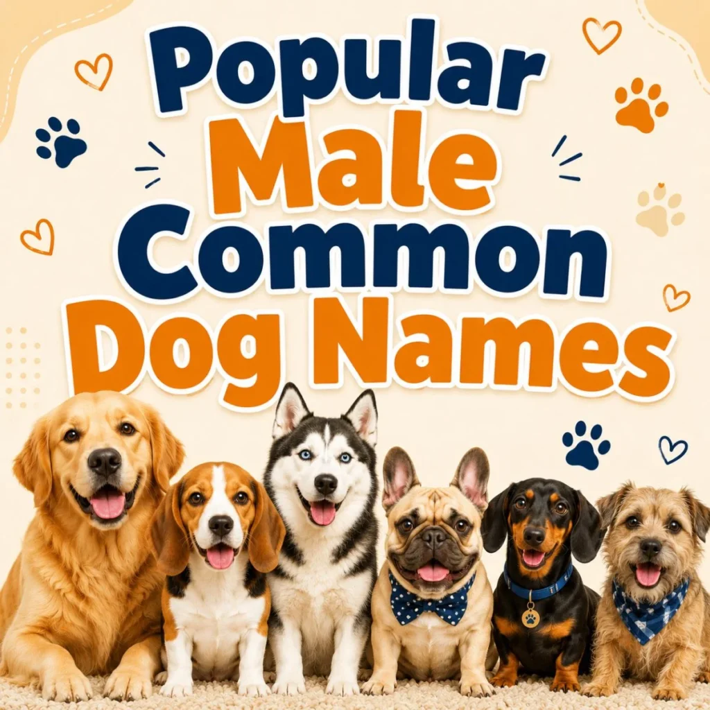 Popular male common dog names image with happy dog breeds and playful paw print design