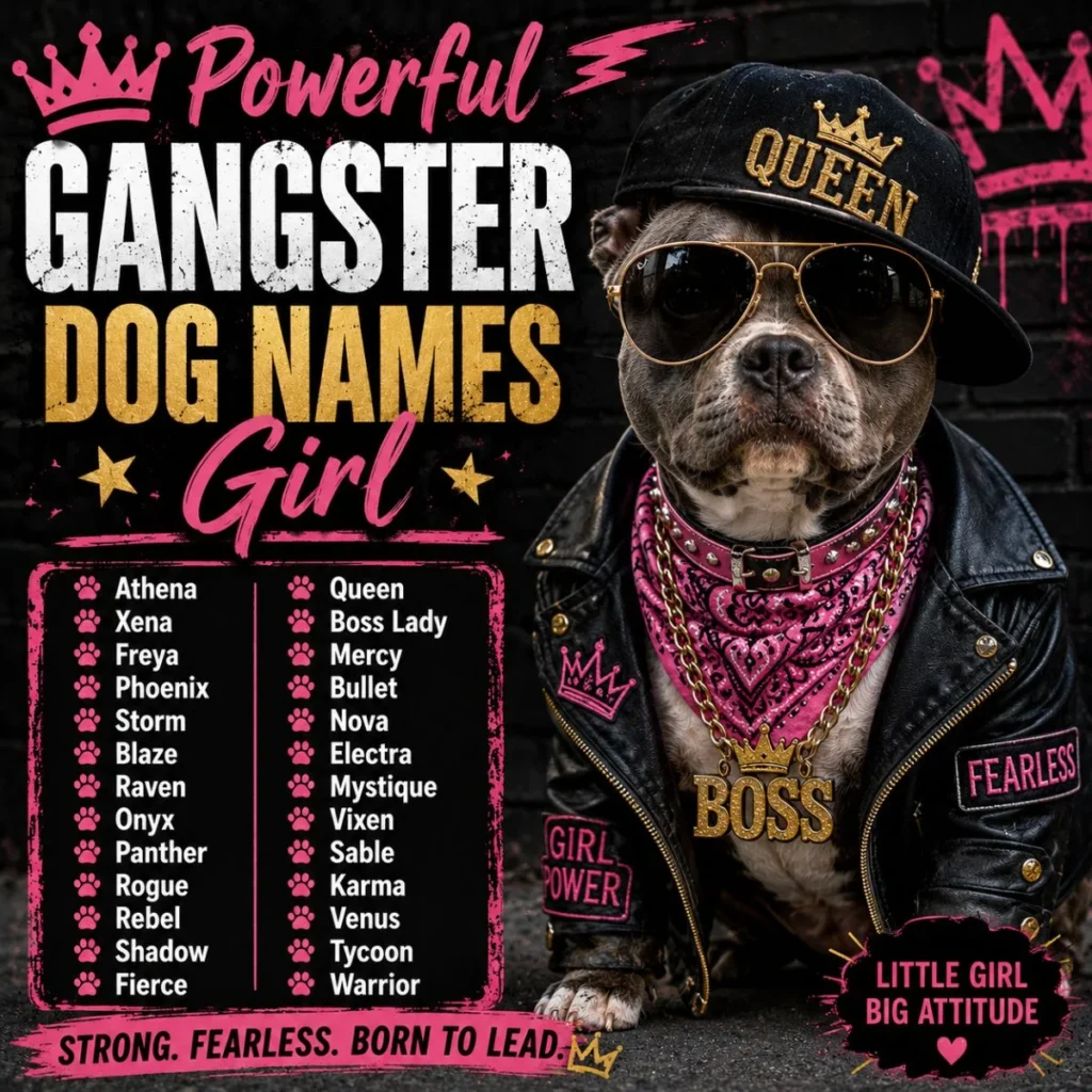 Powerful gangster dog names girl image with fearless pup in queen cap, sunglasses, leather jacket, and bold name list