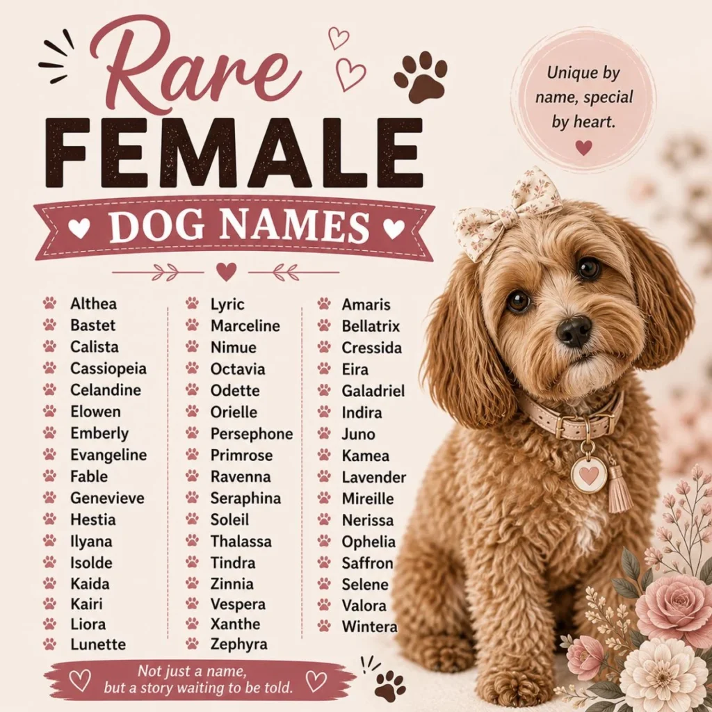 Rare female dog names infographic with a cute puppy, floral accents, paw prints, and unique name ideas.