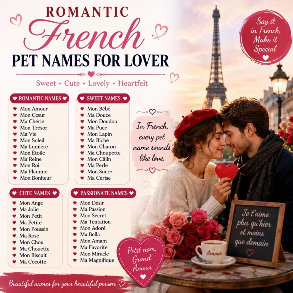 Romantic French pet names for lover with Paris couple, roses, hearts, and sweet nickname ideas
