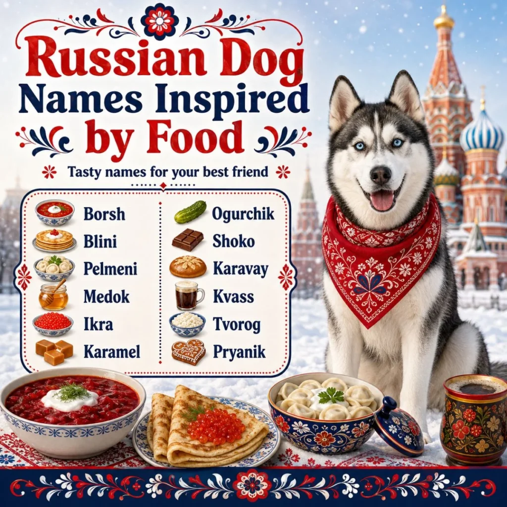 Russian dog names inspired by food image with husky, borscht, blini, pelmeni, and snowy background