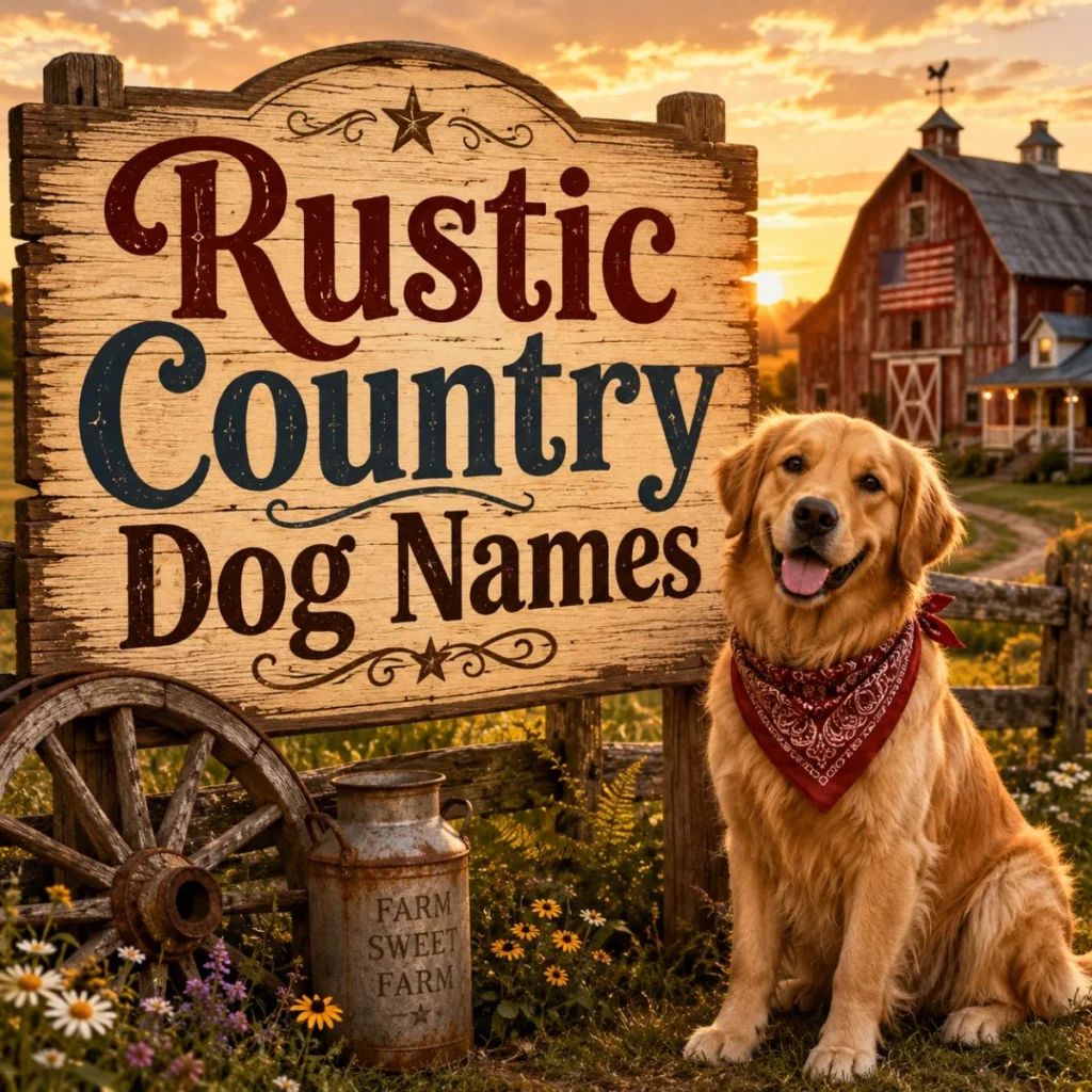 Rustic country dog names sign with golden retriever beside farmhouse barn