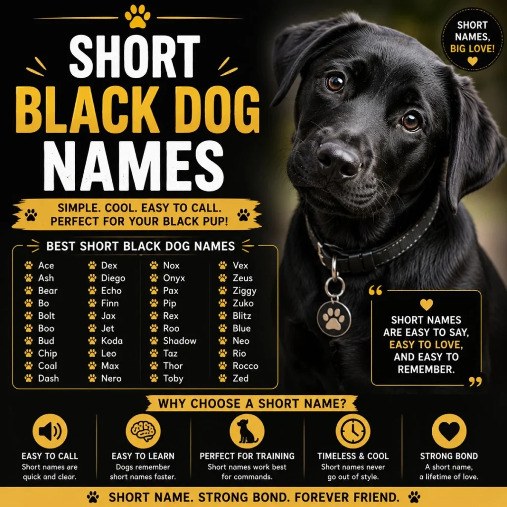 Short black dog names graphic with a cute black puppy and easy name ideas
