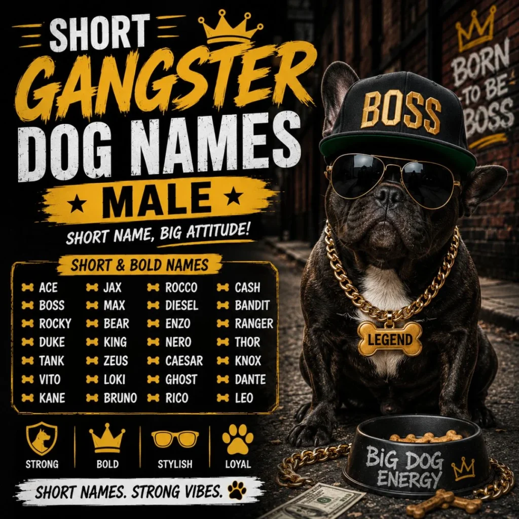 Short gangster dog names male image with cool French Bulldog, boss cap, sunglasses, and bold name ideas