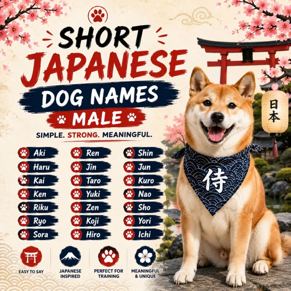 Short Japanese dog names male poster with smiling Shiba Inu, cherry blossoms, torii gate, and simple name ideas