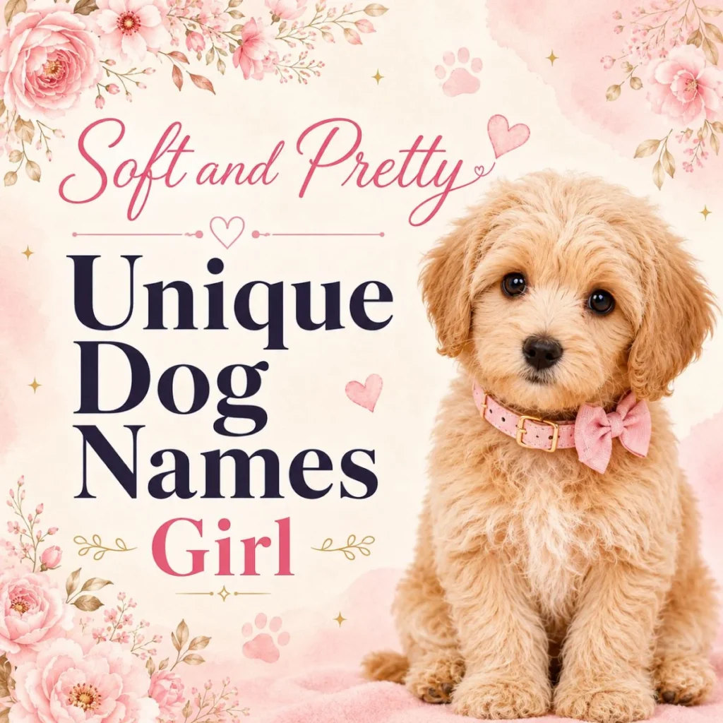 Soft and pretty unique dog names girl cover with fluffy puppy, pink bow, flowers, hearts, and paw prints