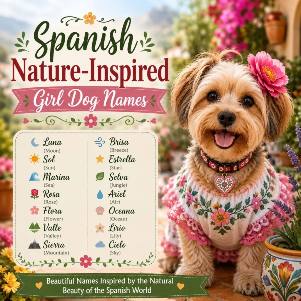 Spanish nature-inspired girl dog names image with cute pup, flowers, and garden-style Spanish design