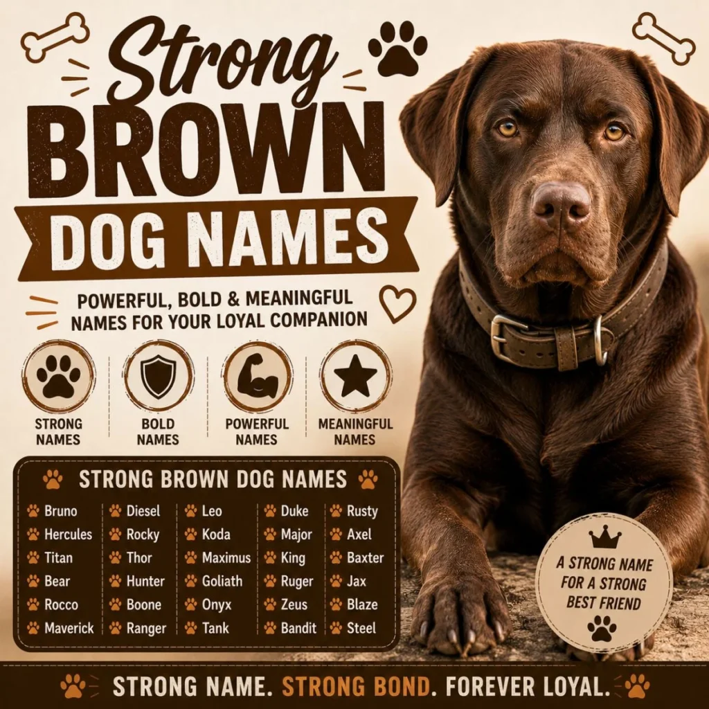 Strong brown dog names infographic with powerful chocolate dog and bold meaningful name ideas