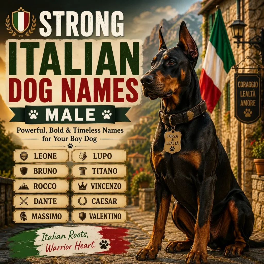 Strong Italian dog names male image with powerful Doberman, Italy flag, and bold boy dog names