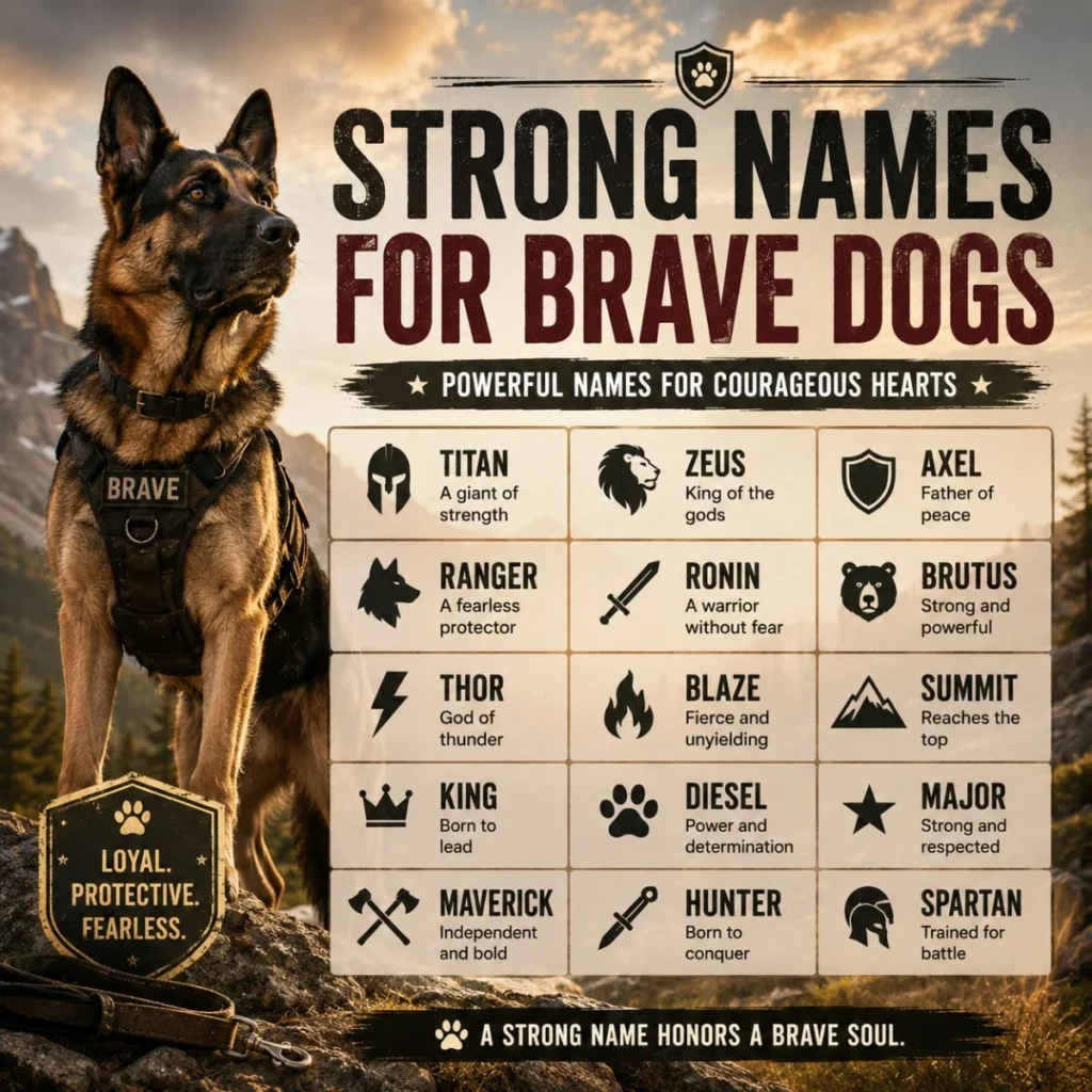 Strong names for brave dogs infographic with heroic German Shepherd and powerful name ideas