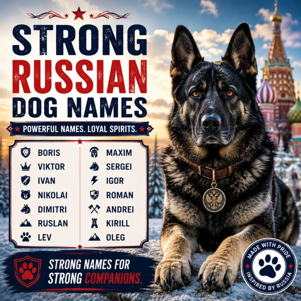 Strong Russian dog names image with powerful husky and bold winter-inspired design