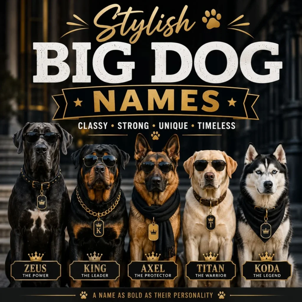 Stylish big dog names graphic with Great Dane, Rottweiler, German Shepherd, Labrador, and Husky