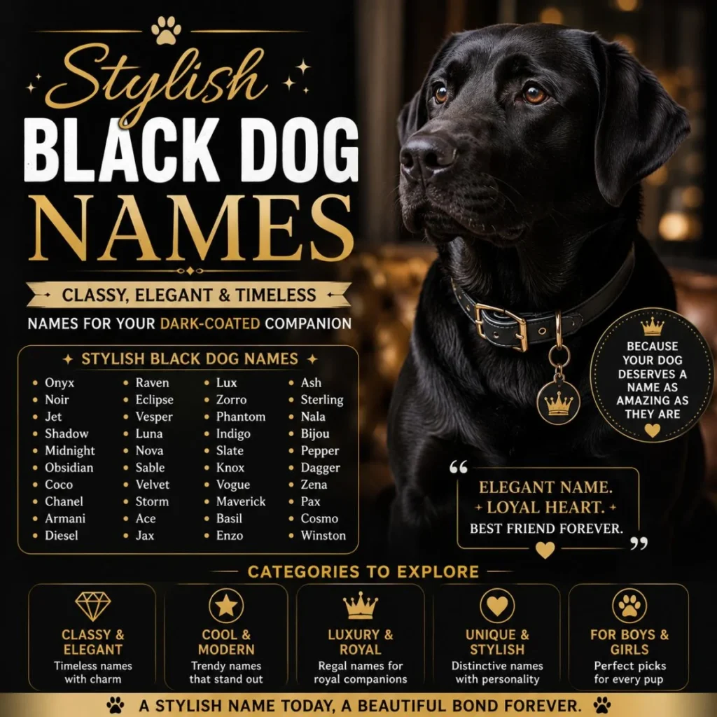 Stylish black dog names graphic with an elegant black dog and classy name ideas