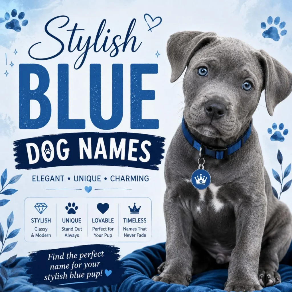Stylish blue dog names image with gray puppy, blue collar, paw prints, and elegant blue text
