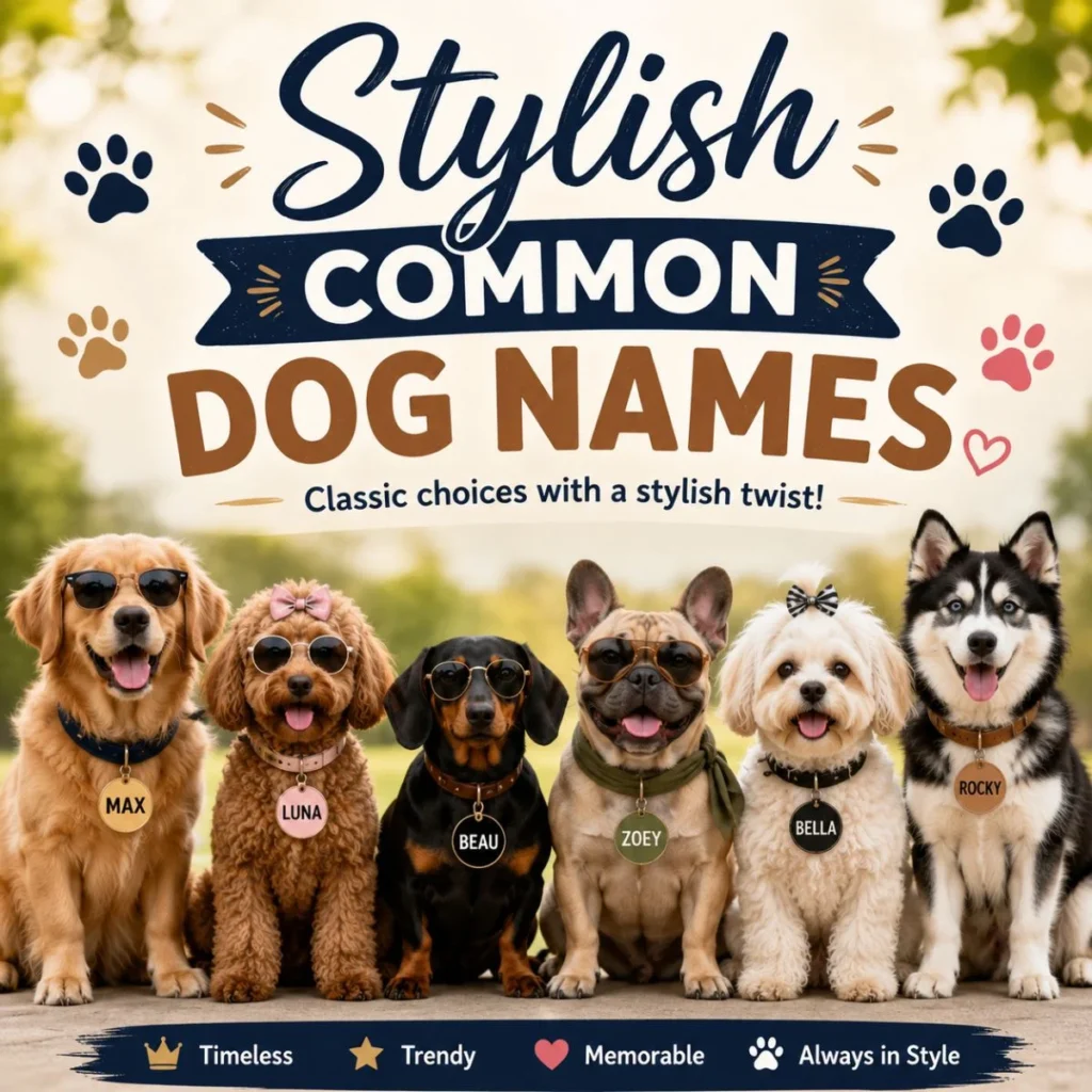 Stylish common dog names image with fashionable dogs and name tags like Max, Luna, Beau, Zoey, Bella, and Rocky